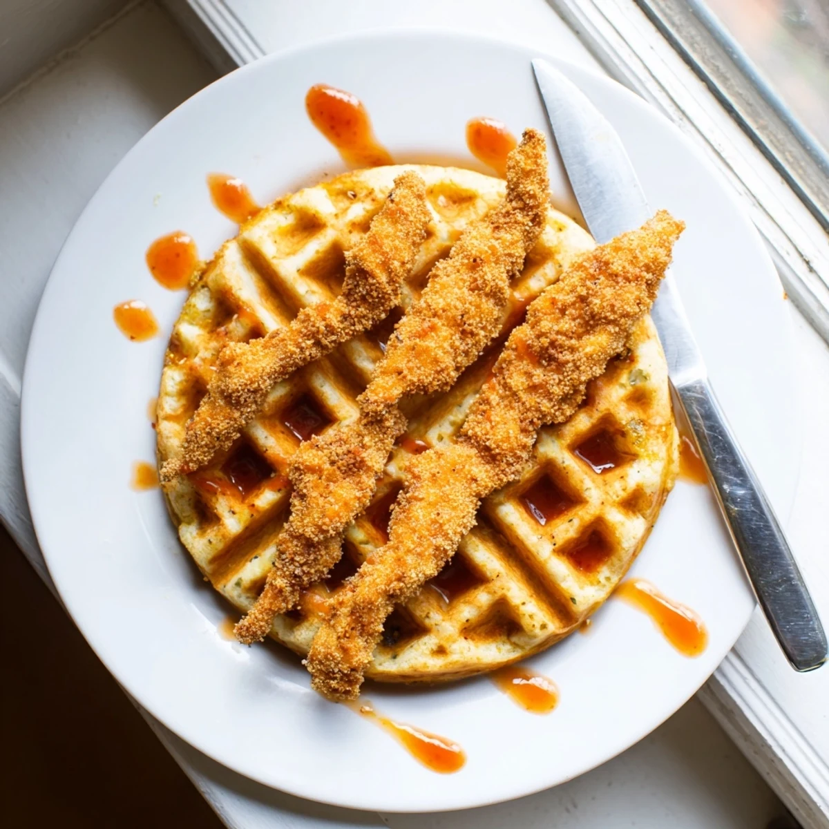 Crispy oyster mushroom chicken sits on warm golden waffles with sweet and spicy maple glaze