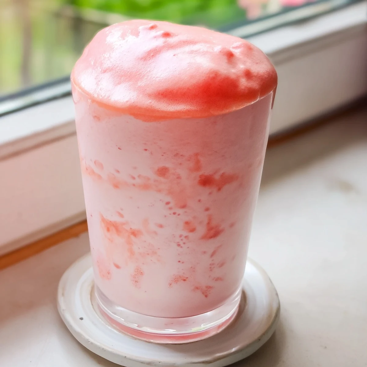 Refreshing pink watermelon milkshake garnished with fresh mint wedges in a tall glass