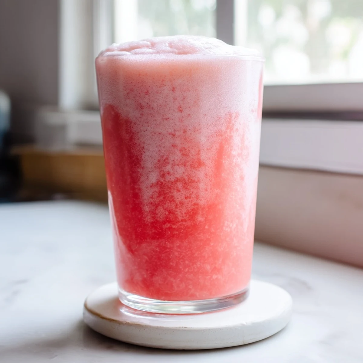 Creamy watermelon milkshake blended with vanilla ice cream topped with watermelon slice