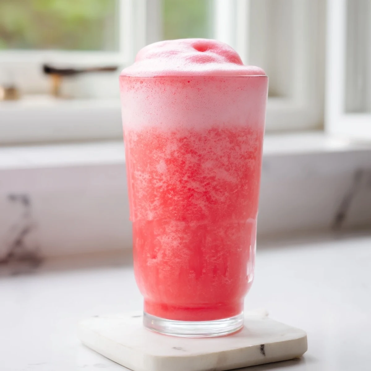 Thick frosty watermelon milkshake poured into chilled glass with lime wedge garnish