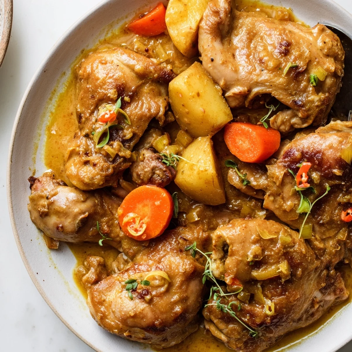 Irresistibly Tender Jamaican Curry Chicken simmering in golden sauce with rice