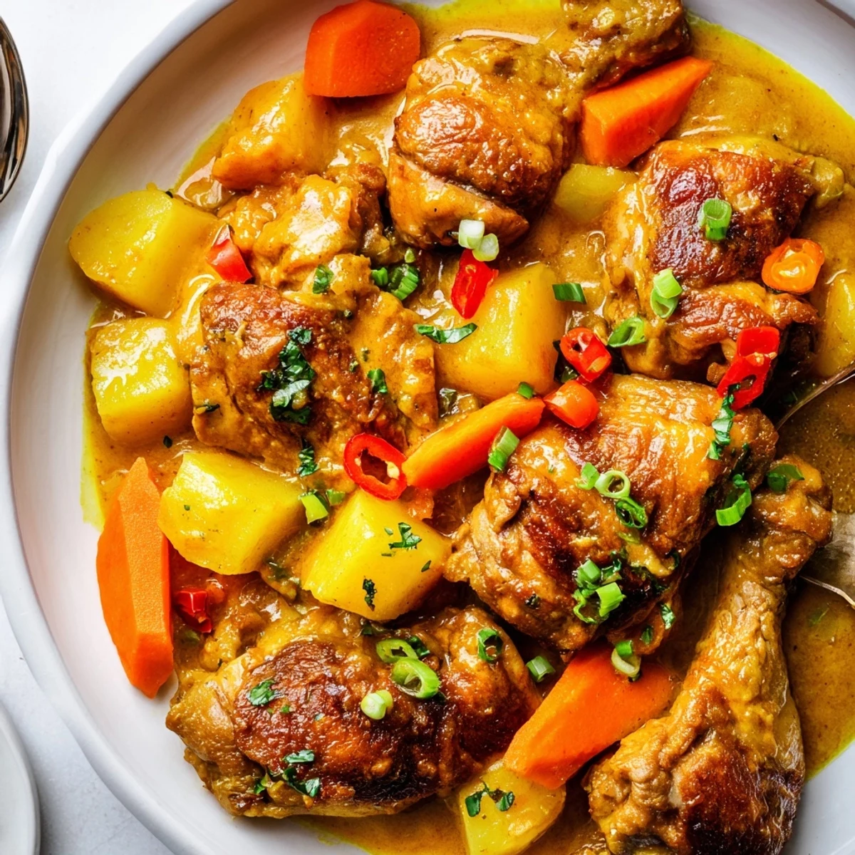 Bowl of Irresistibly Tender Jamaican Curry Chicken garnished with scallions, steam rising