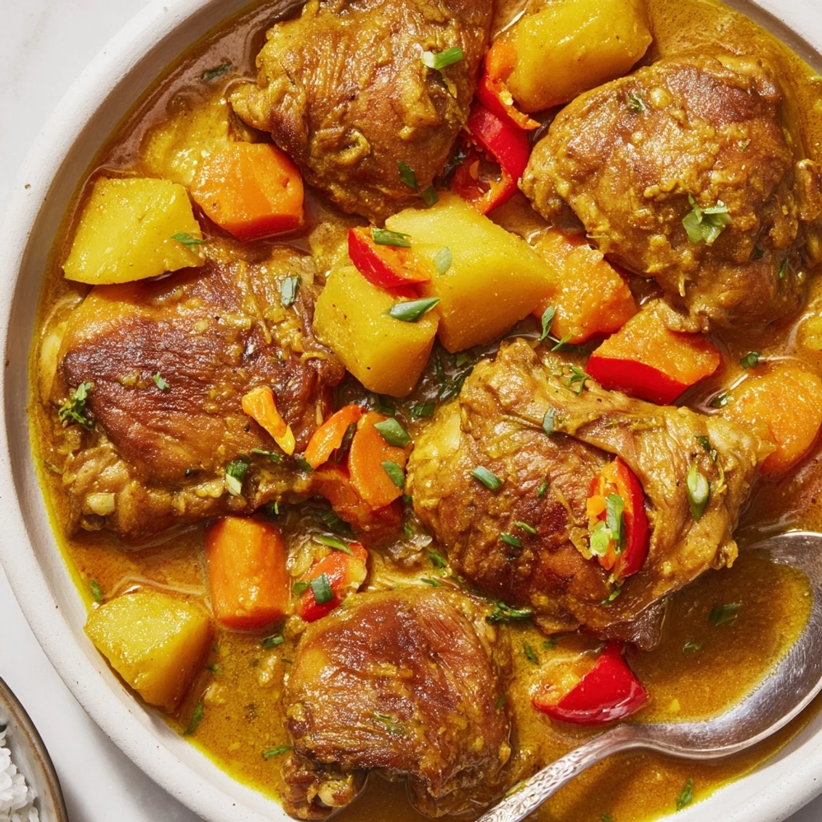 Warm Irresistibly Tender Jamaican Curry Chicken, fragrant spices, potatoes and vibrant peppers