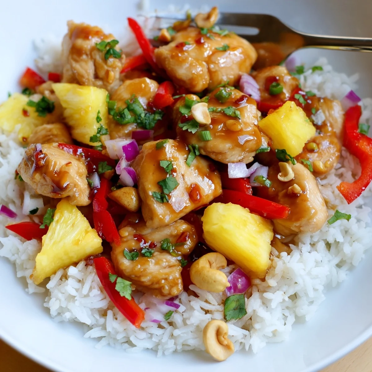 Tropical Sweet And Spicy Chicken Rice Delight steaming over fluffy white rice