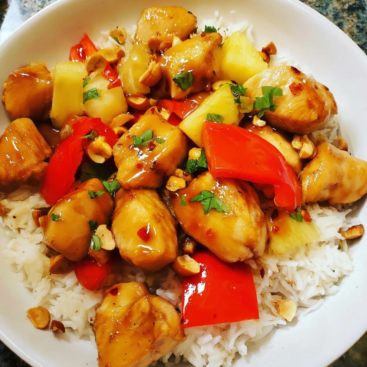 Bright Tropical Sweet And Spicy Chicken Rice Delight with juicy pineapple and cilantro
