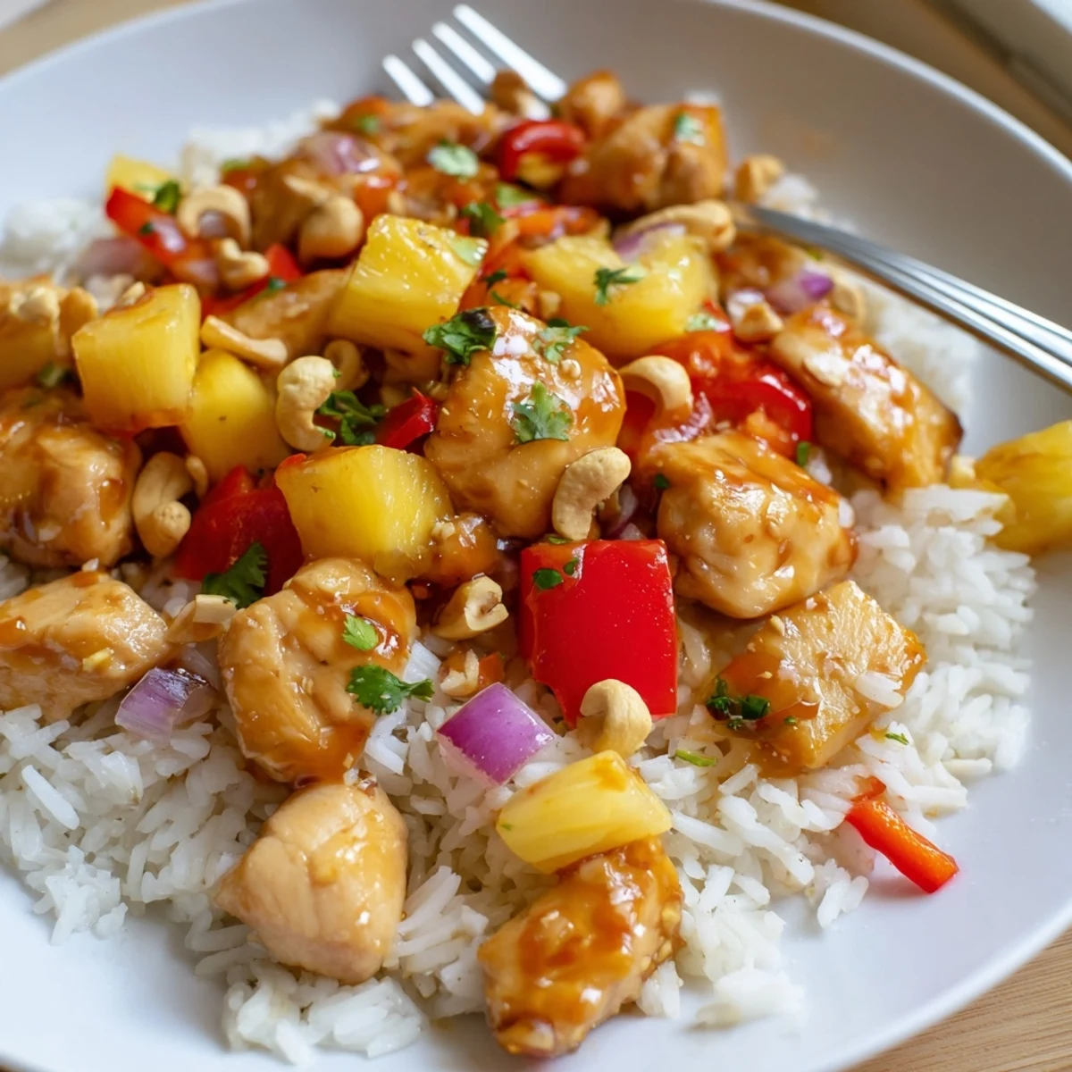 Tropical Sweet And Spicy Chicken Rice Delight garnished with toasted cashews, honey glaze
