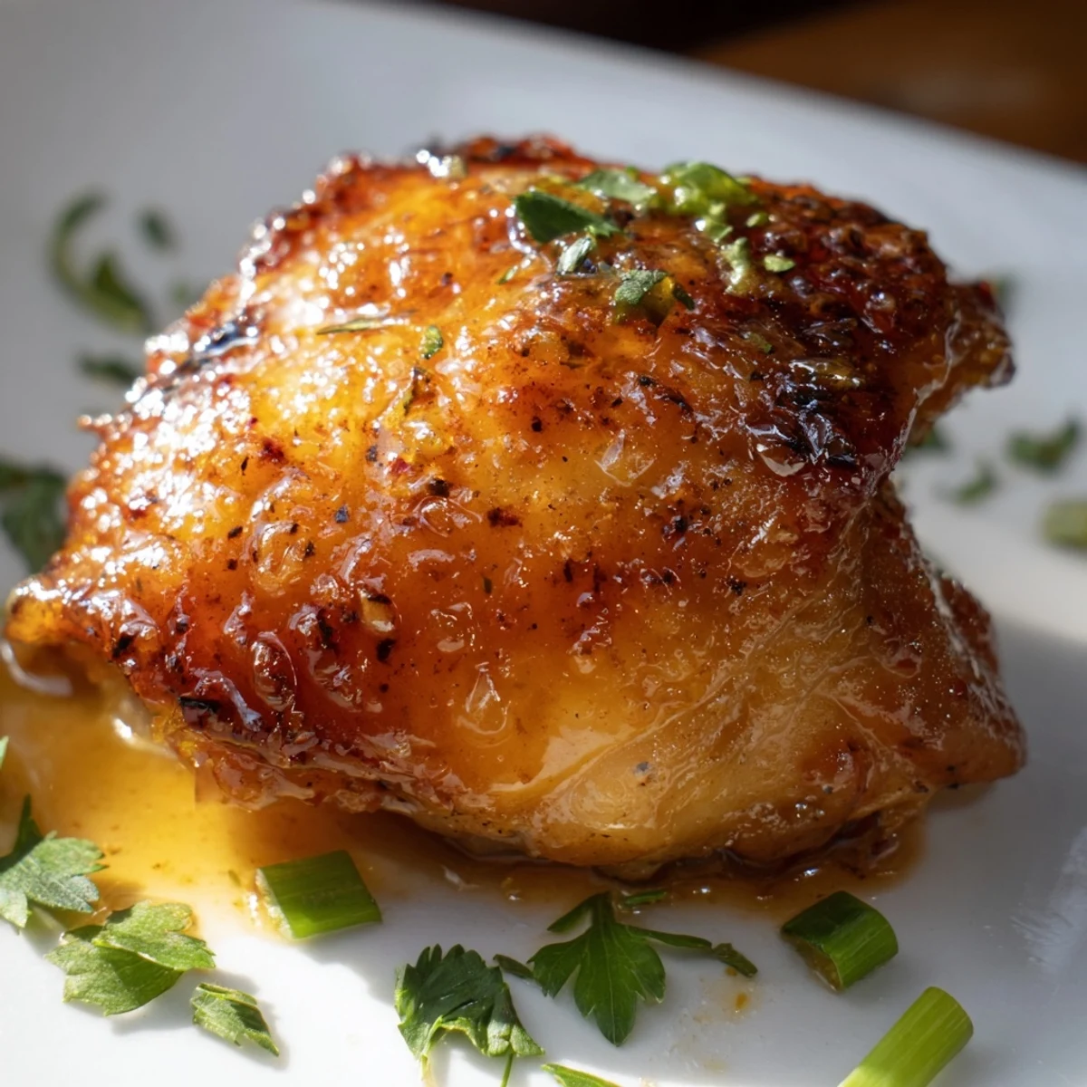 Tender baked chicken thighs coated in luscious honey butter sauce on white serving platter