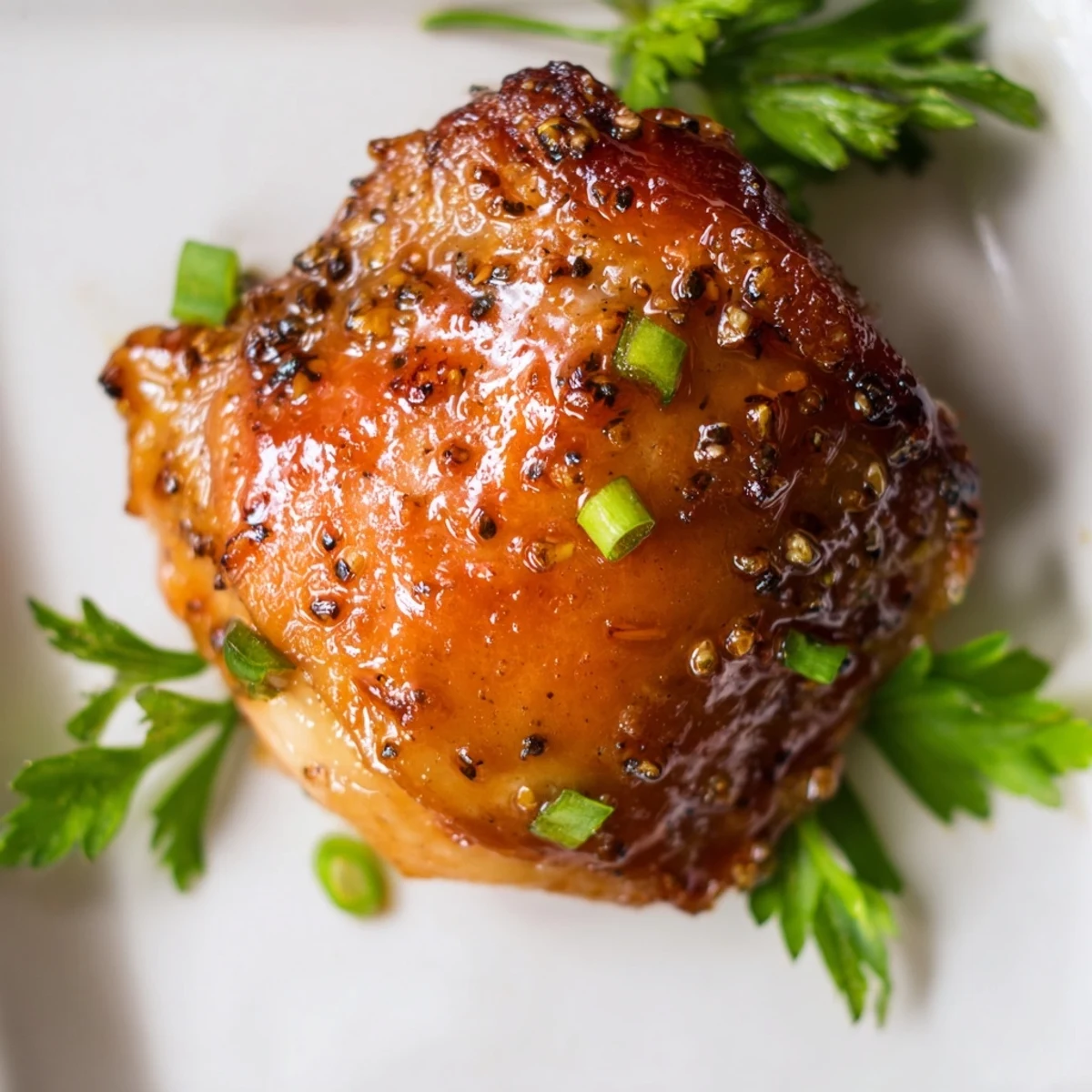 Golden honey butter chicken thighs glistening with sticky sweet glaze and fresh parsley garnish