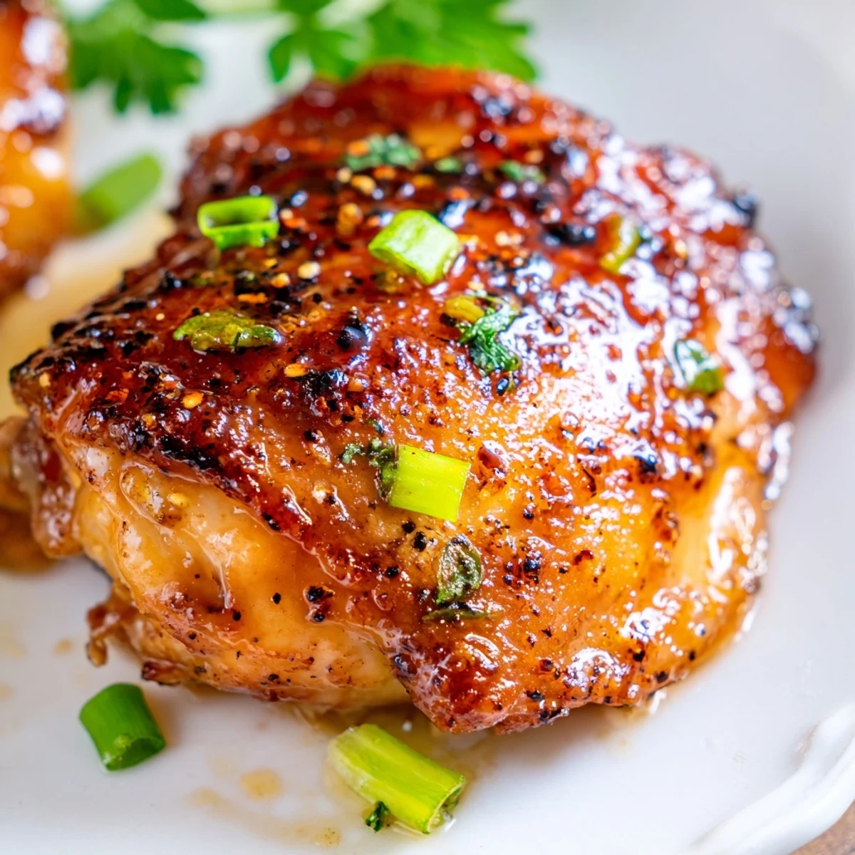 Juicy honey butter chicken thighs with caramelized edges drizzled with thick savory glaze