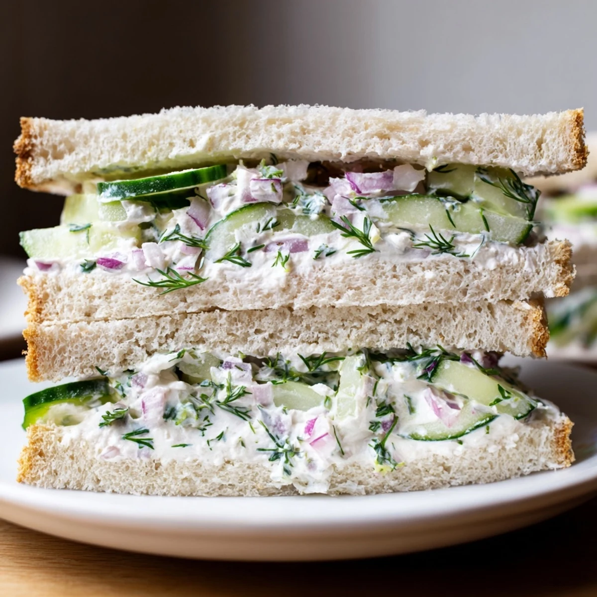 Triangle-cut cucumber salad sandwiches on white bread with creamy herb spread visible