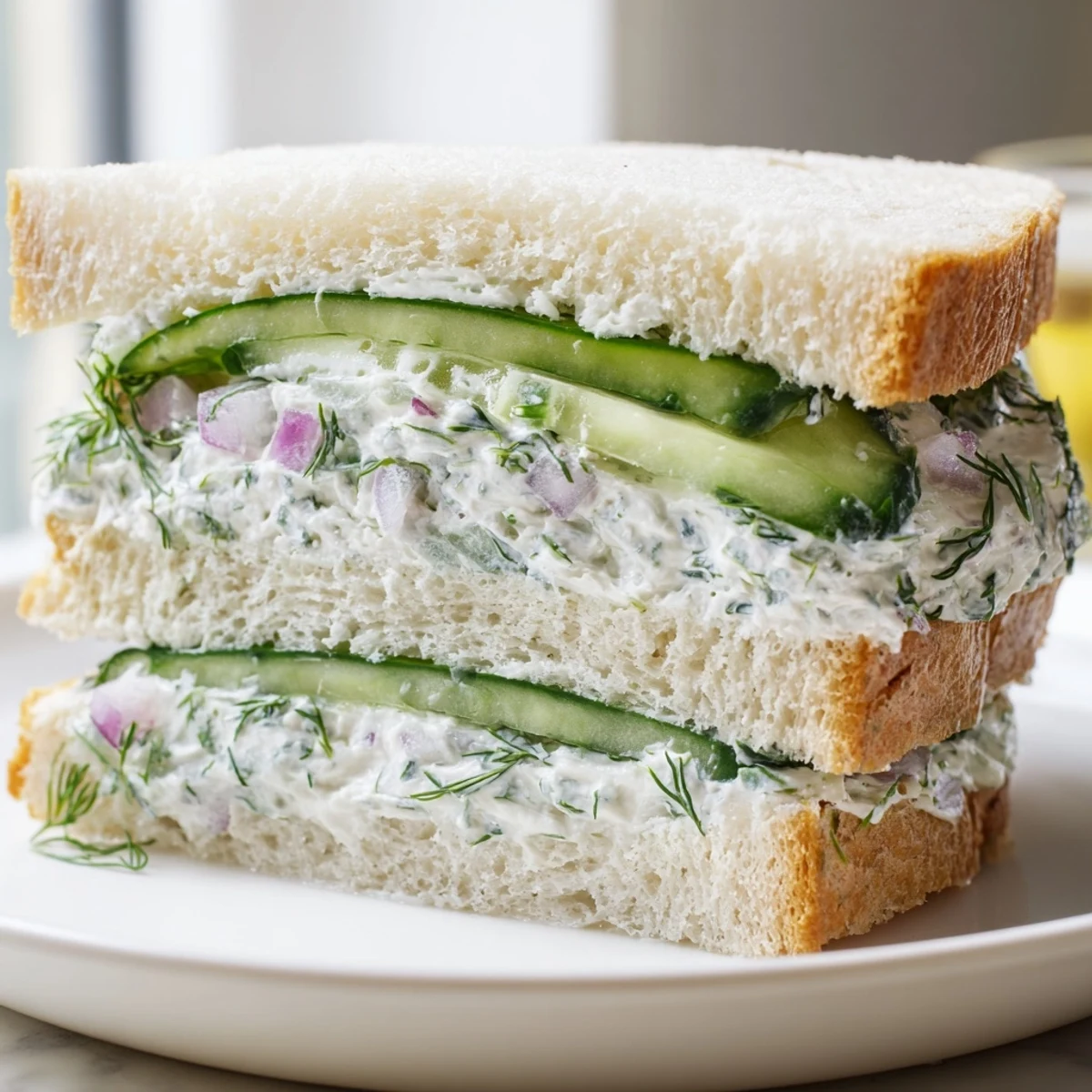 Tea-style cucumber salad sandwiches quartered into bite-sized pieces with dill cream cheese filling