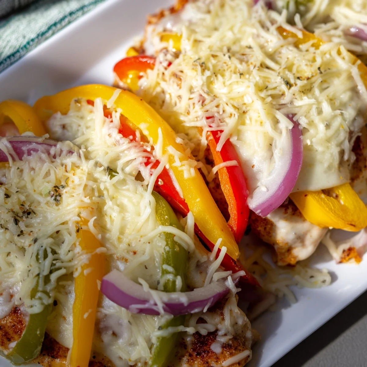 Baked chicken breasts topped with bubbly mozzarella and parmesan alongside vibrant red and yellow peppers