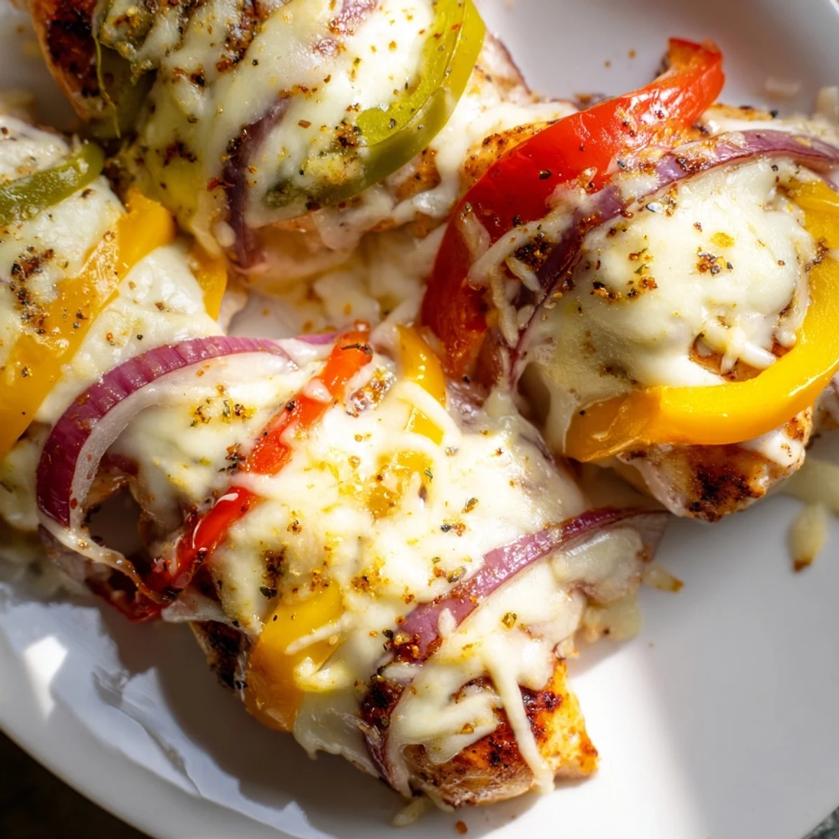 Golden melted cheese blankets tender baked chicken breasts nestled among colorful roasted bell peppers