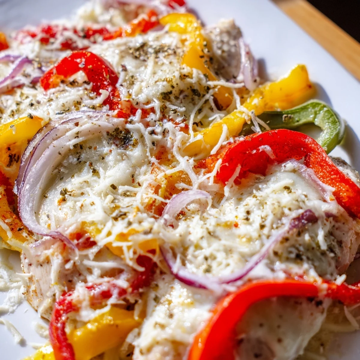 Savory cheesy baked chicken breast and peppers casserole with golden cheese and tender roasted vegetables