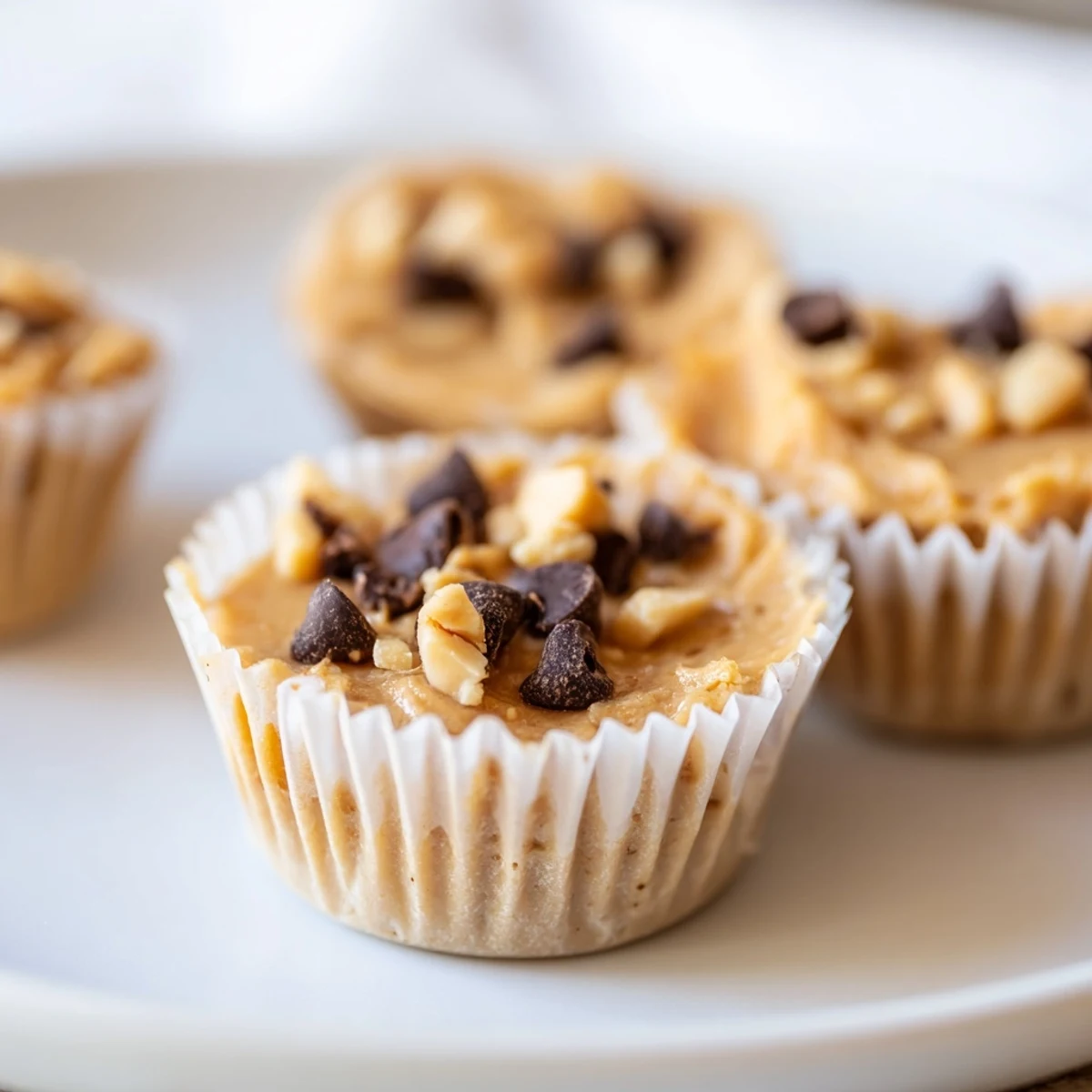 High protein frozen peanut butter Greek yogurt bites with glossy chocolate drizzle arranged on a white serving plate