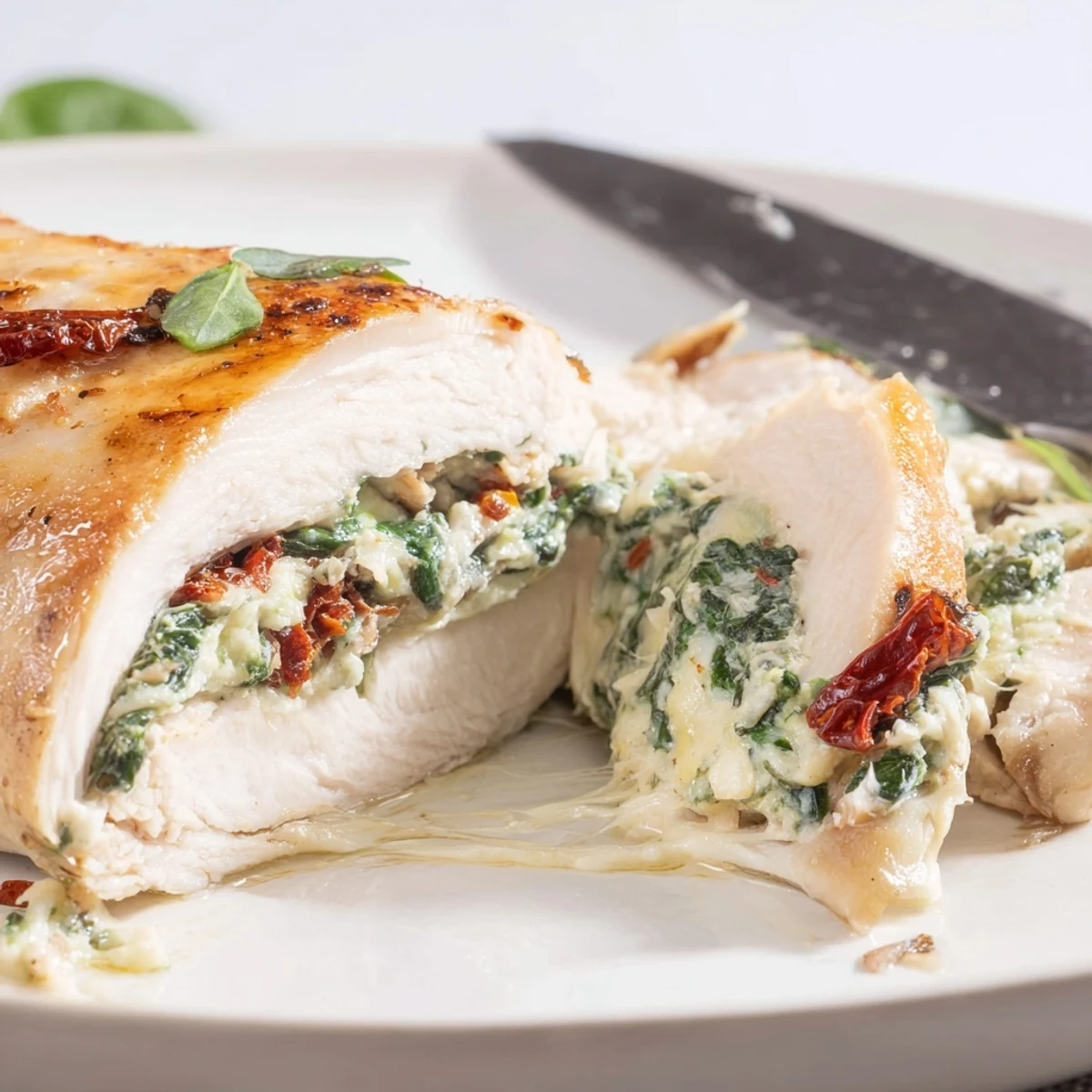 Cheesy Spinach Stuffed Chicken Sun Dried Tomato Flavor, golden-seared and oozing melted cheese