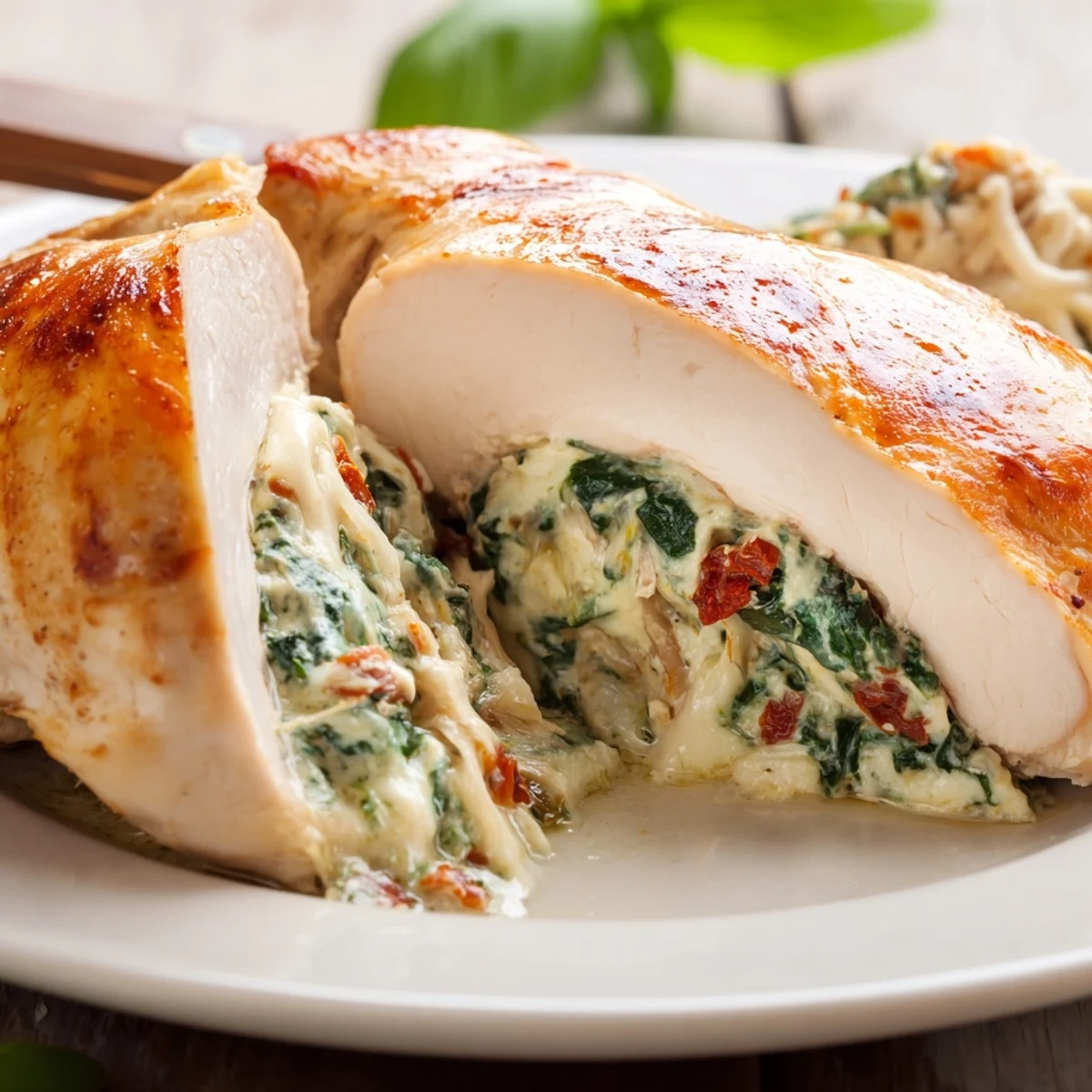 Pan-seared Cheesy Spinach Stuffed Chicken Sun Dried Tomato Flavor served with lemon wedge