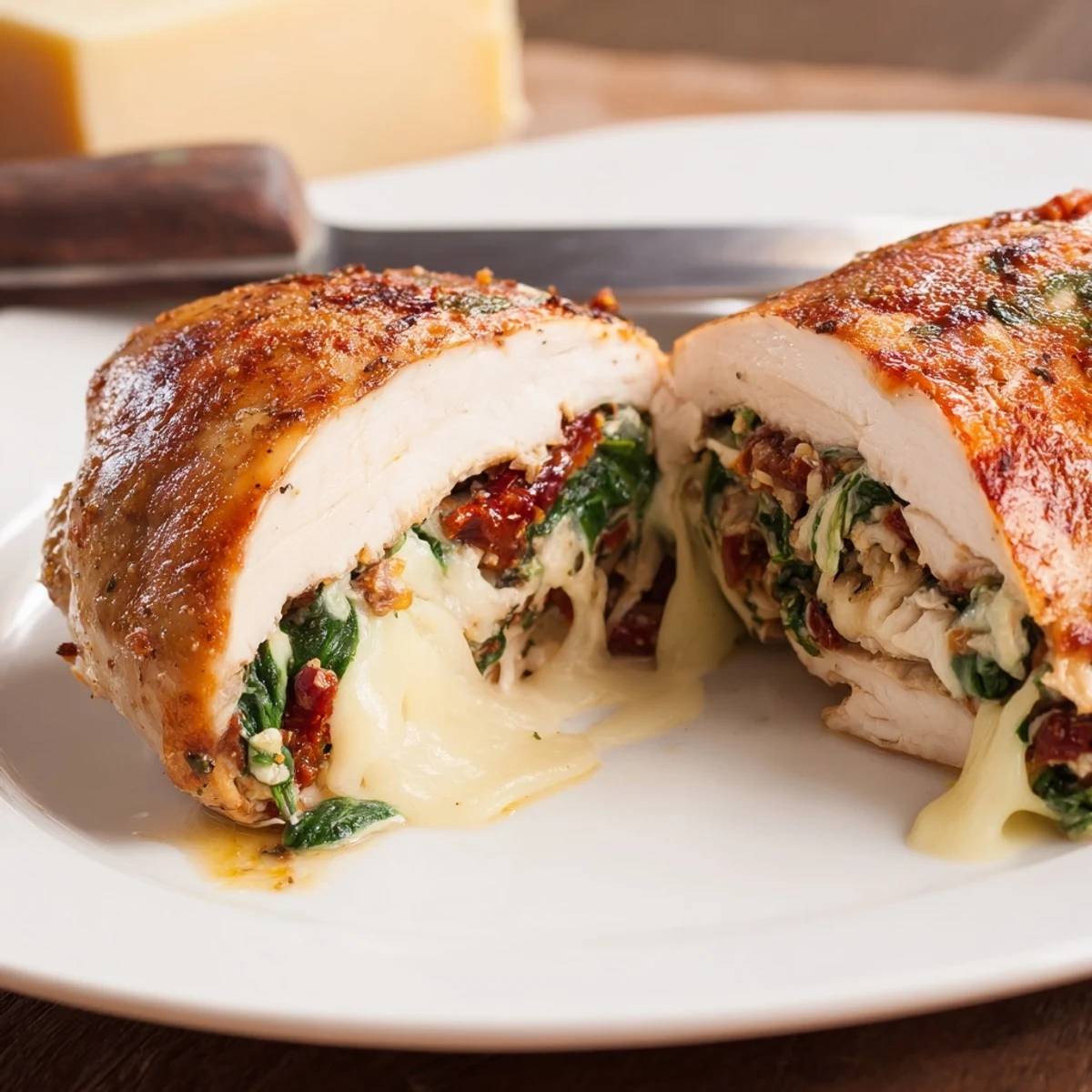 Slices of Cheesy Spinach Stuffed Chicken Sun Dried Tomato Flavor arranged on plate