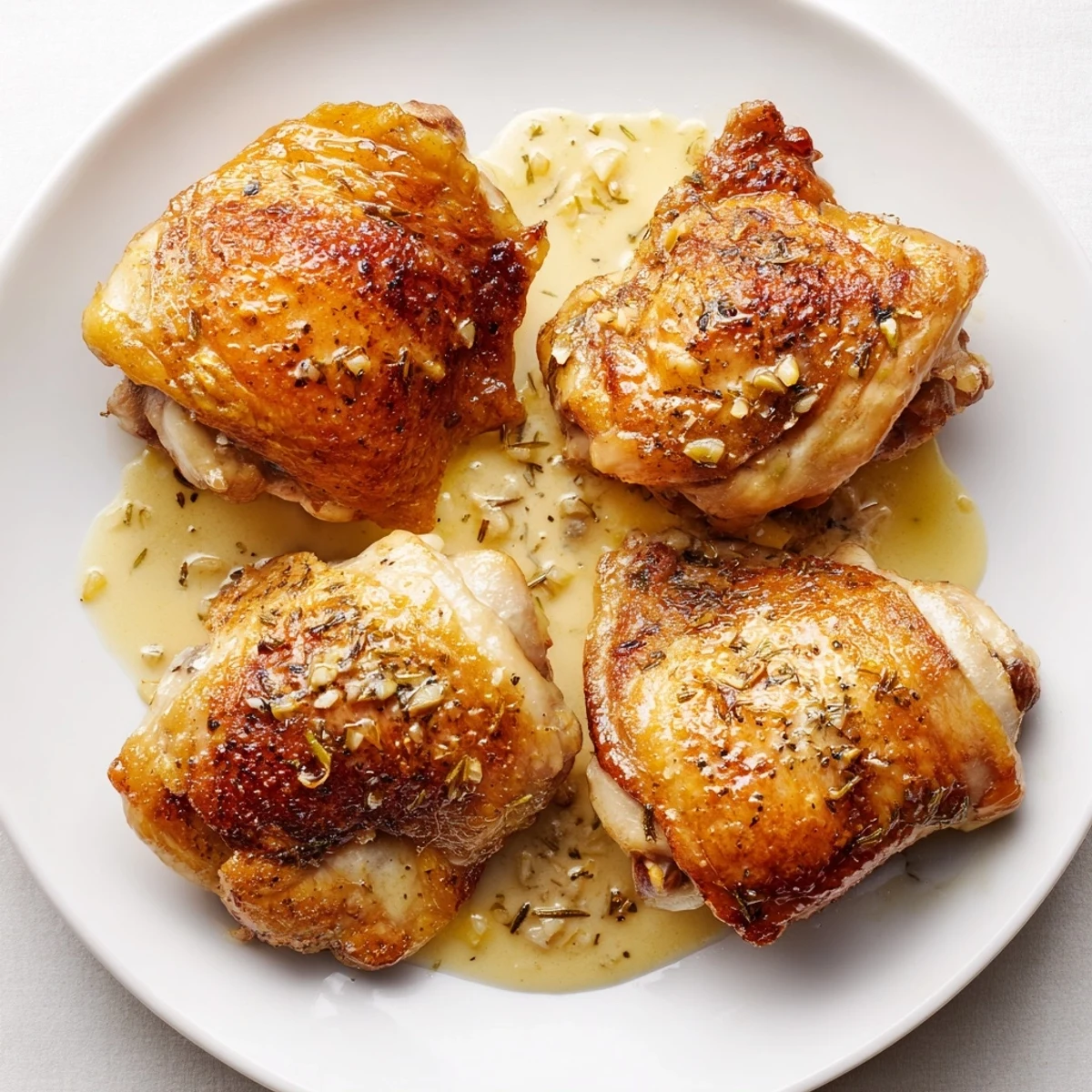 Creamy Garlic Chicken Thighs With Herbs sizzling in skillet, golden skin glistening