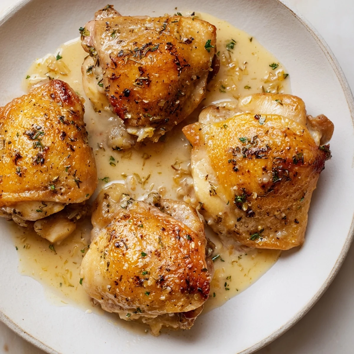 Creamy Garlic Chicken Thighs With Herbs spooned with velvety sauce, aromatic garlic steam