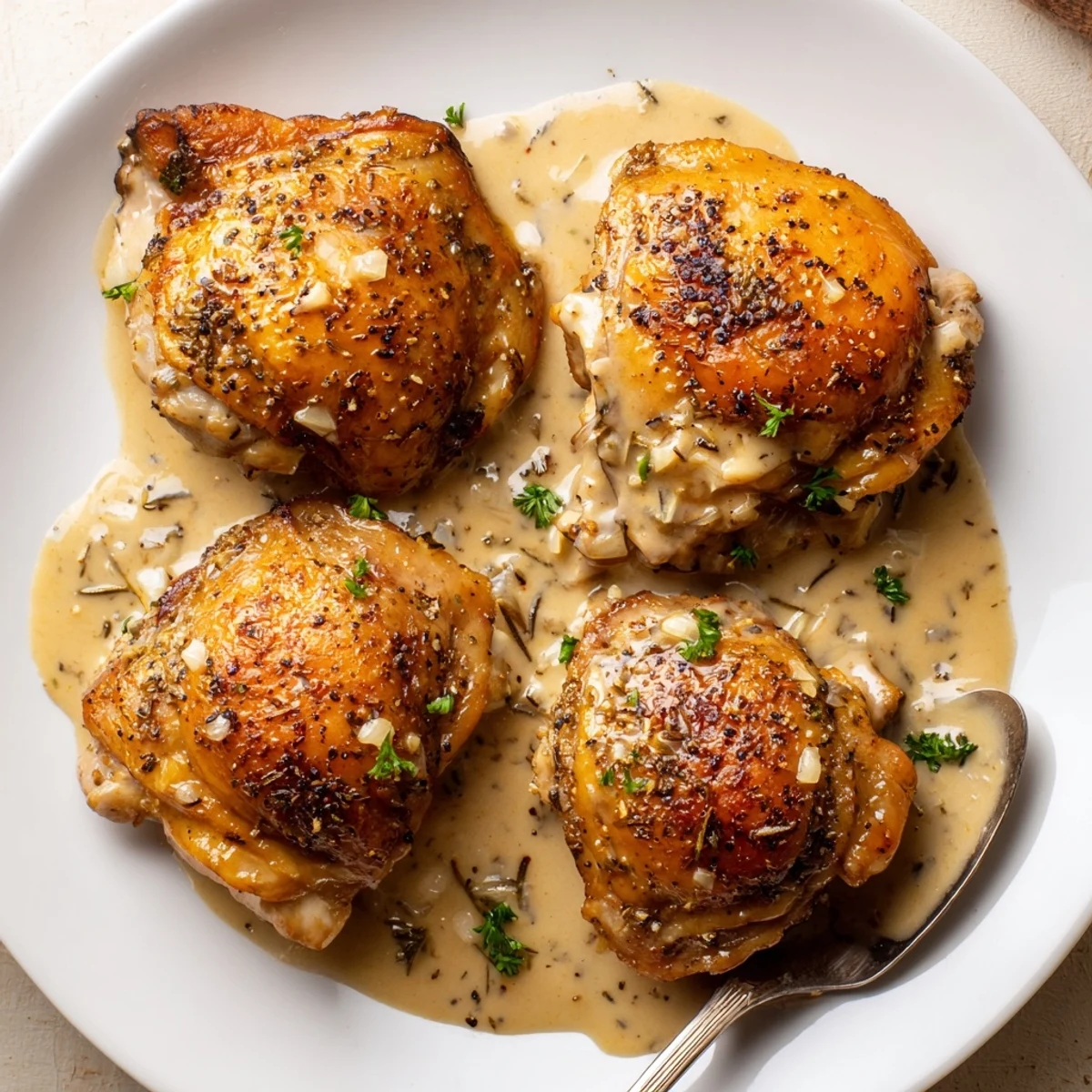 Slices of parsley garnish Creamy Garlic Chicken Thighs With Herbs over mashed potatoes