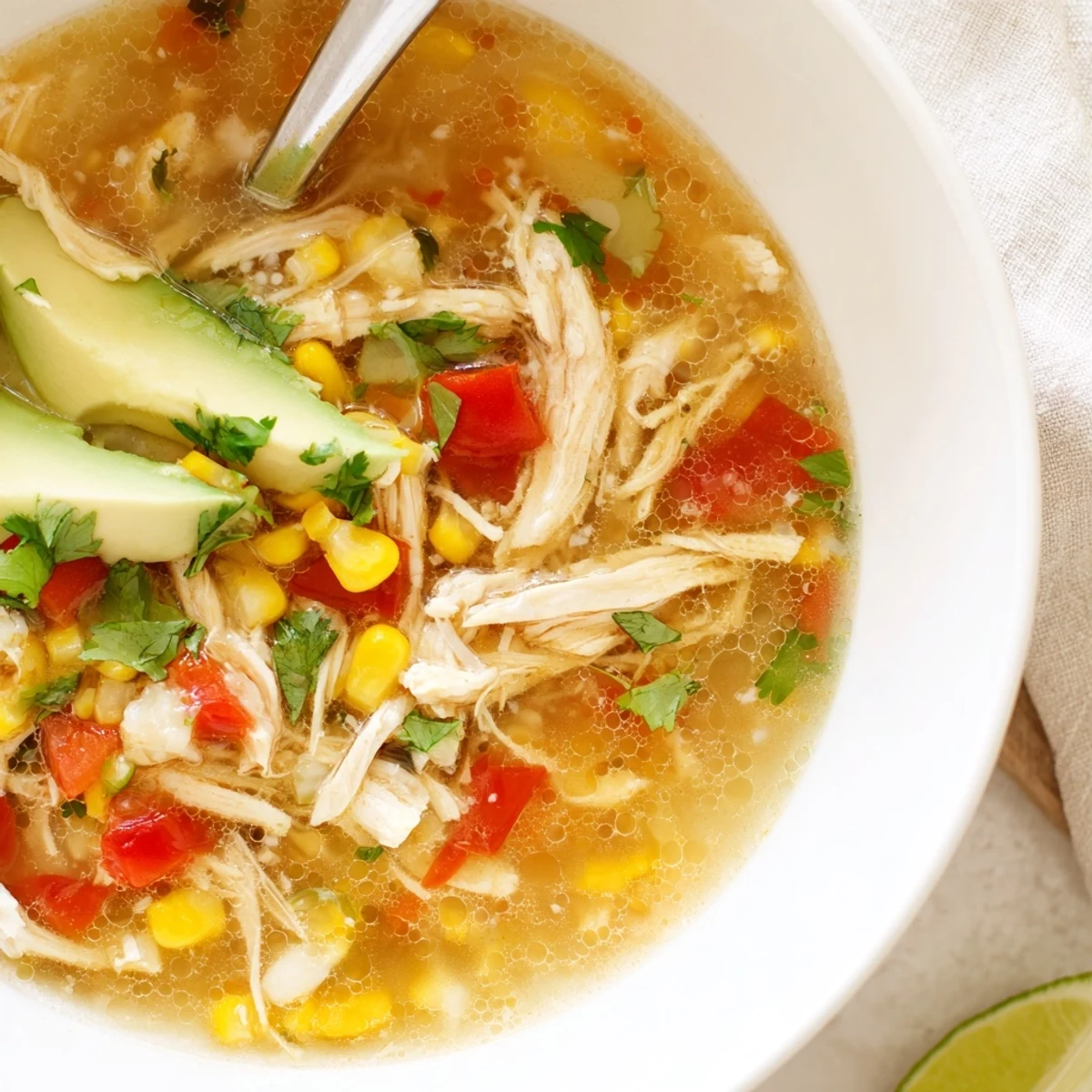 Bright, tangy Bold Zesty Chicken Lime Soup Recipe topped with avocado slices  