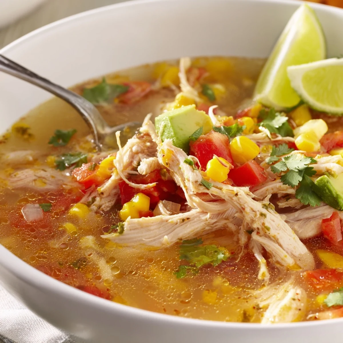 Steaming bowl of Bold Zesty Chicken Lime Soup Recipe with cilantro garnish  