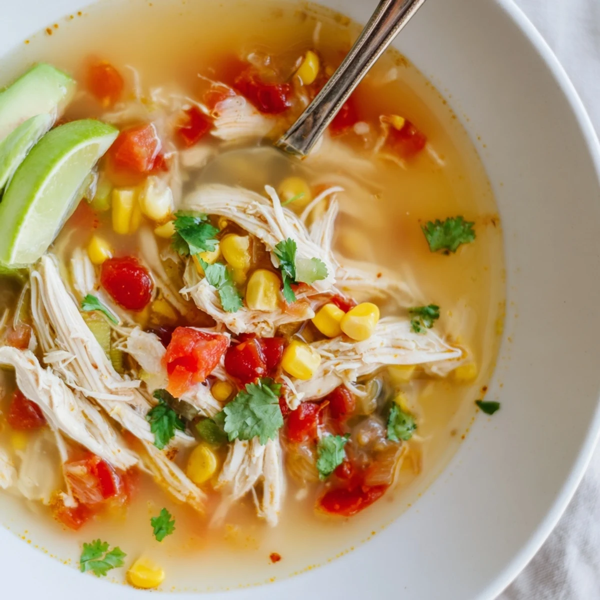 Close-up of ladle scooping Bold Zesty Chicken Lime Soup Recipe with lime wedge