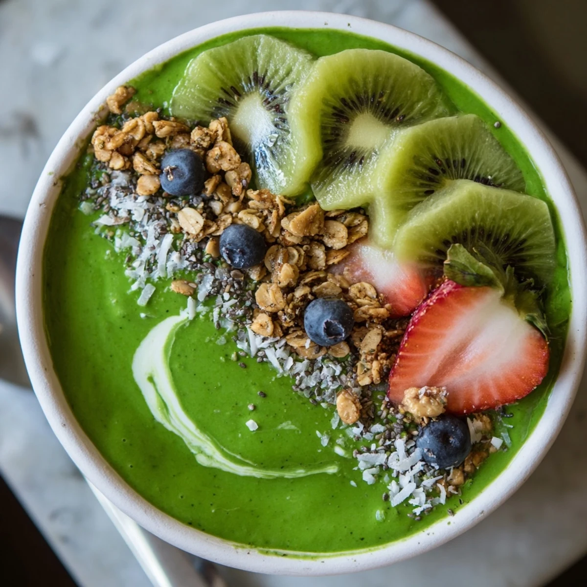 Green Smoothie Bowls topped with crunchy granola, kiwi, berries, and coconut.