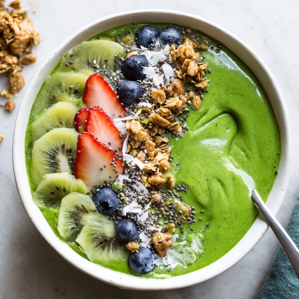 Two vibrant Green Smoothie Bowls served cold with spoon, creamy spinach-mango base.