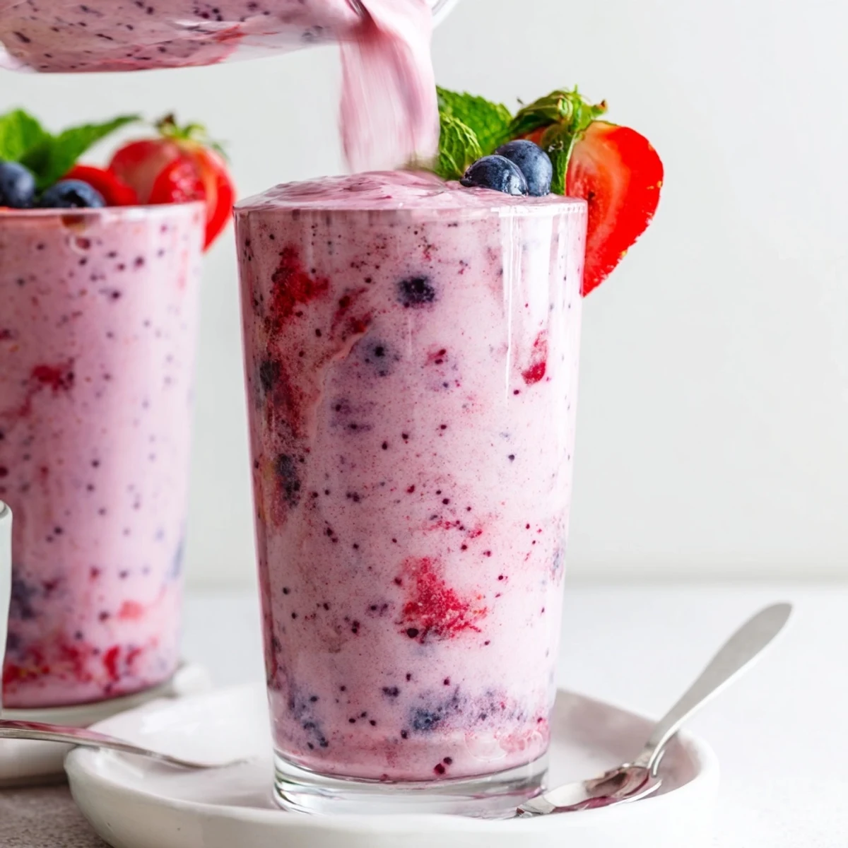 Summer Berry Smoothie in tall glass, creamy pink swirl, fresh berries garnish