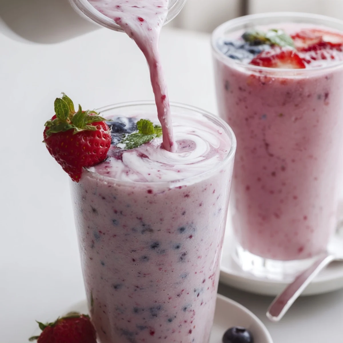 Chilled Summer Berry Smoothie with yogurt richness, blueberry and mint topping