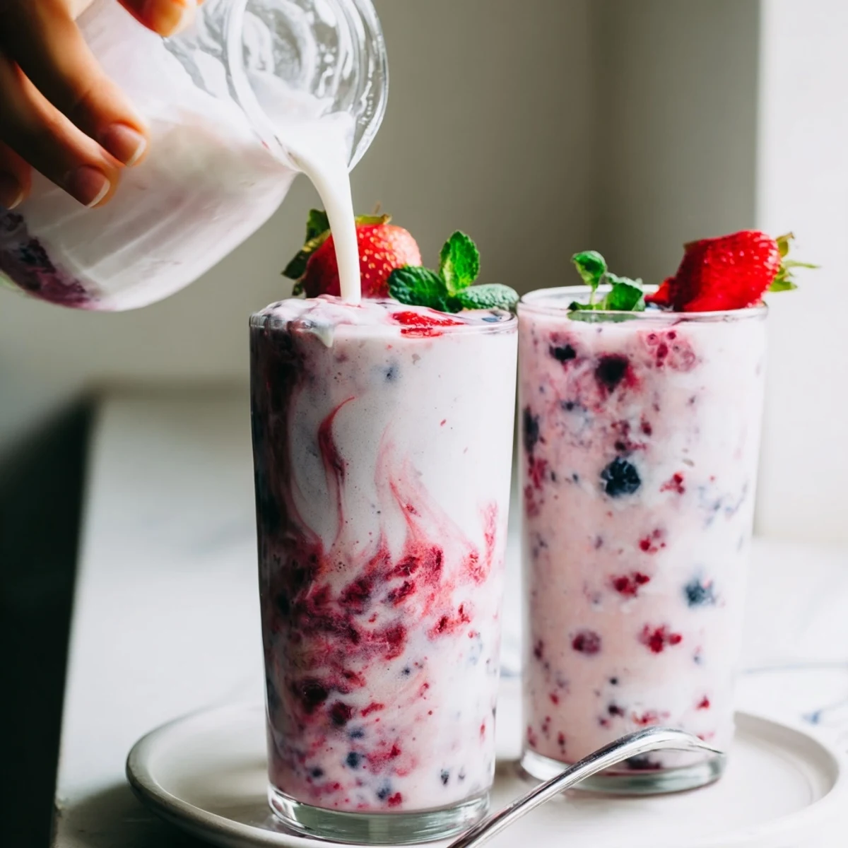 Two servings Summer Berry Smoothie ready for breakfast, frosty rim and straw