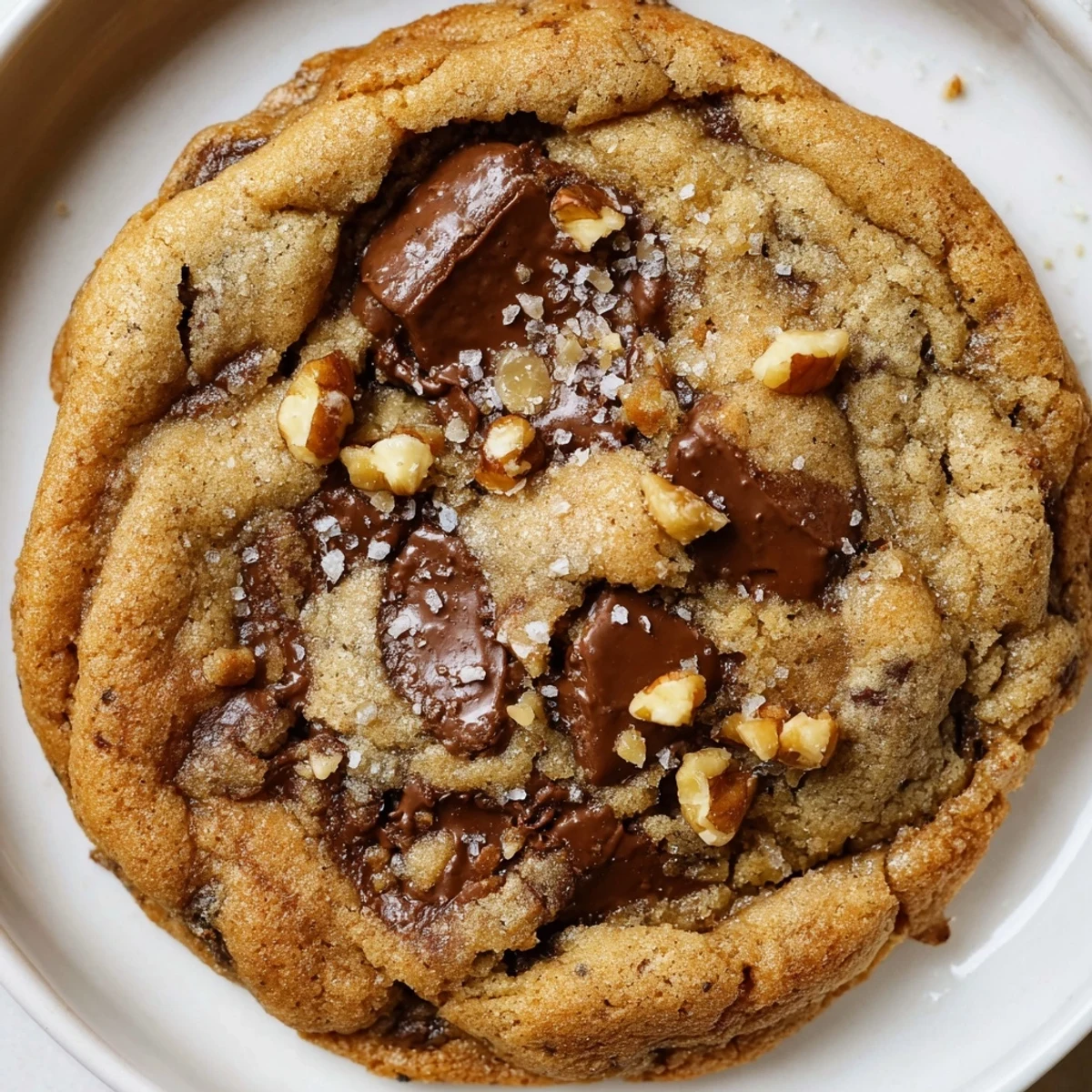 Plate of Brown Butter Chocolate Chip Cookies with flaky sea salt, chewy centers.  