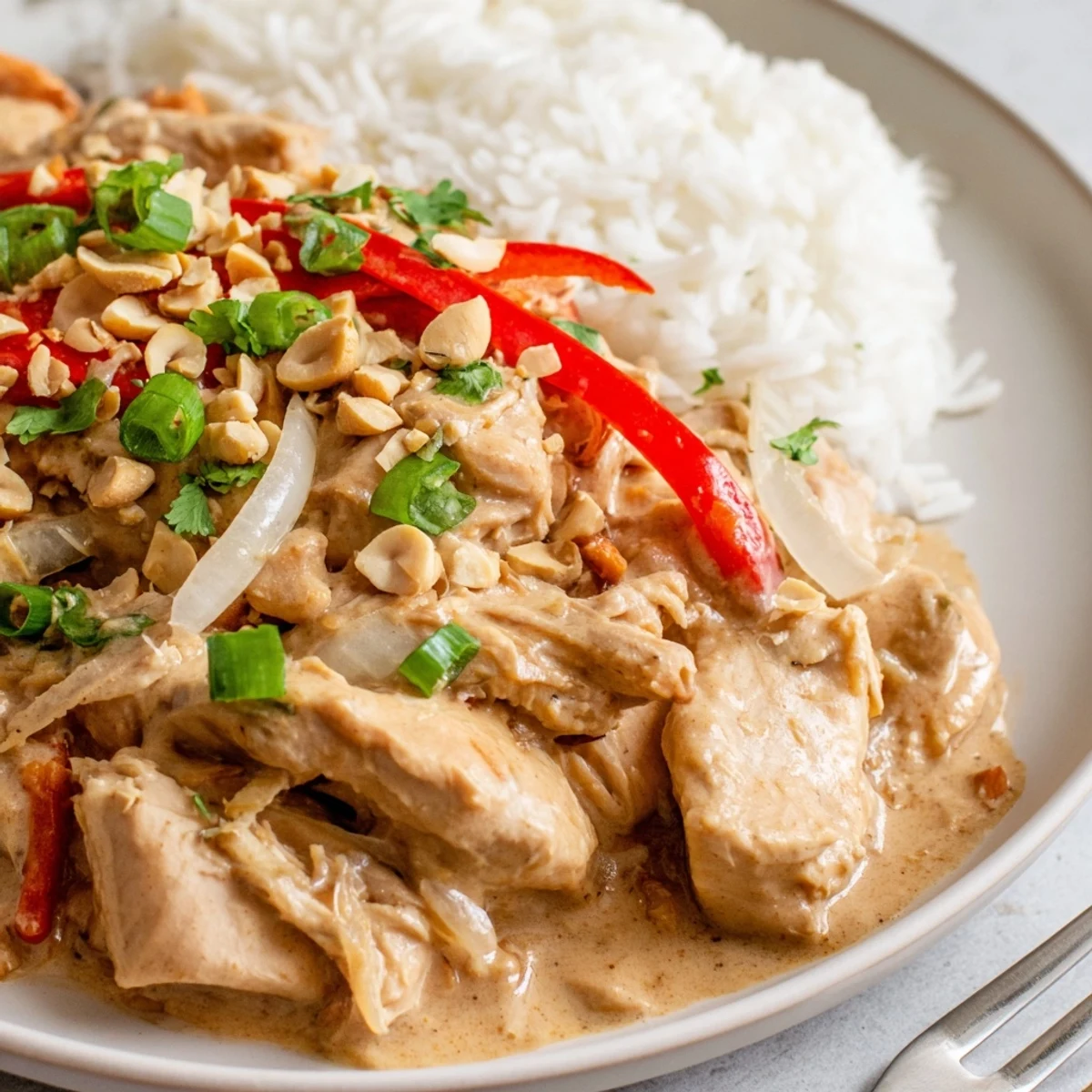 Weeknight Crockpot Thai Peanut Chicken in spicy sweet coconut and peanut sauce with cilantro