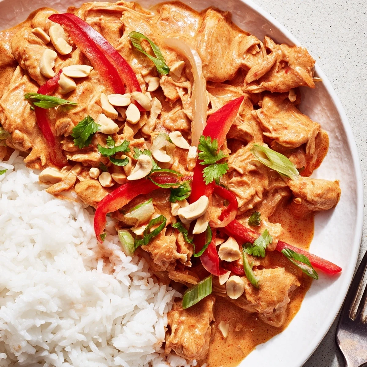Slow cooked Crockpot Thai Peanut Chicken with tender shredded meat and peanuts