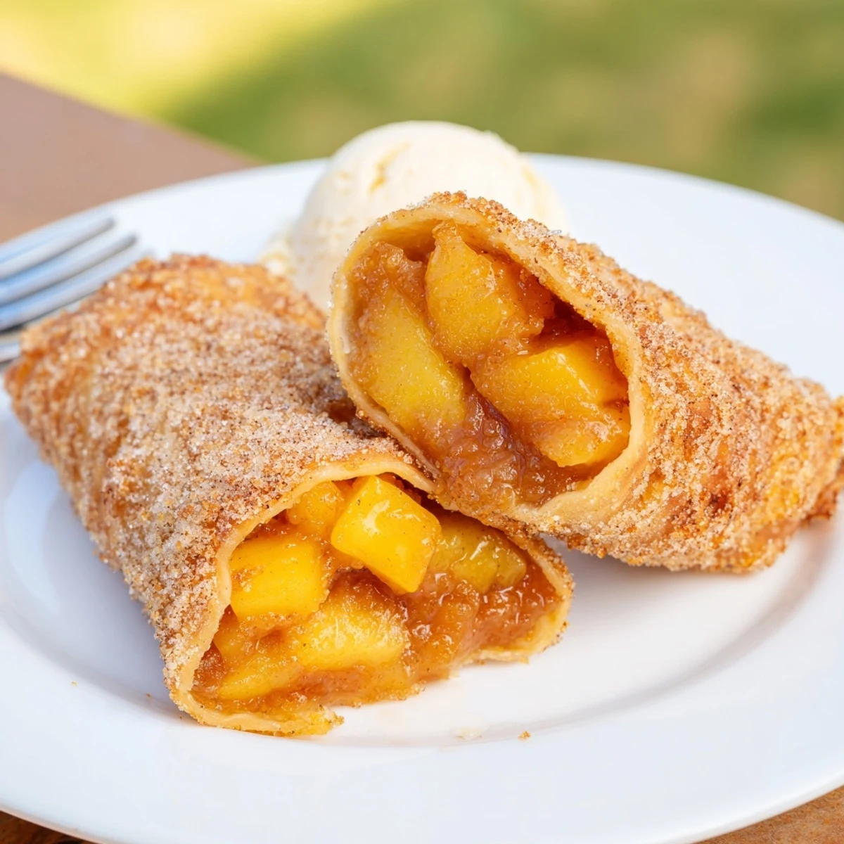 Handheld Peach Cobbler Egg Rolls dusted in cinnamon sugar, served warm with ice cream