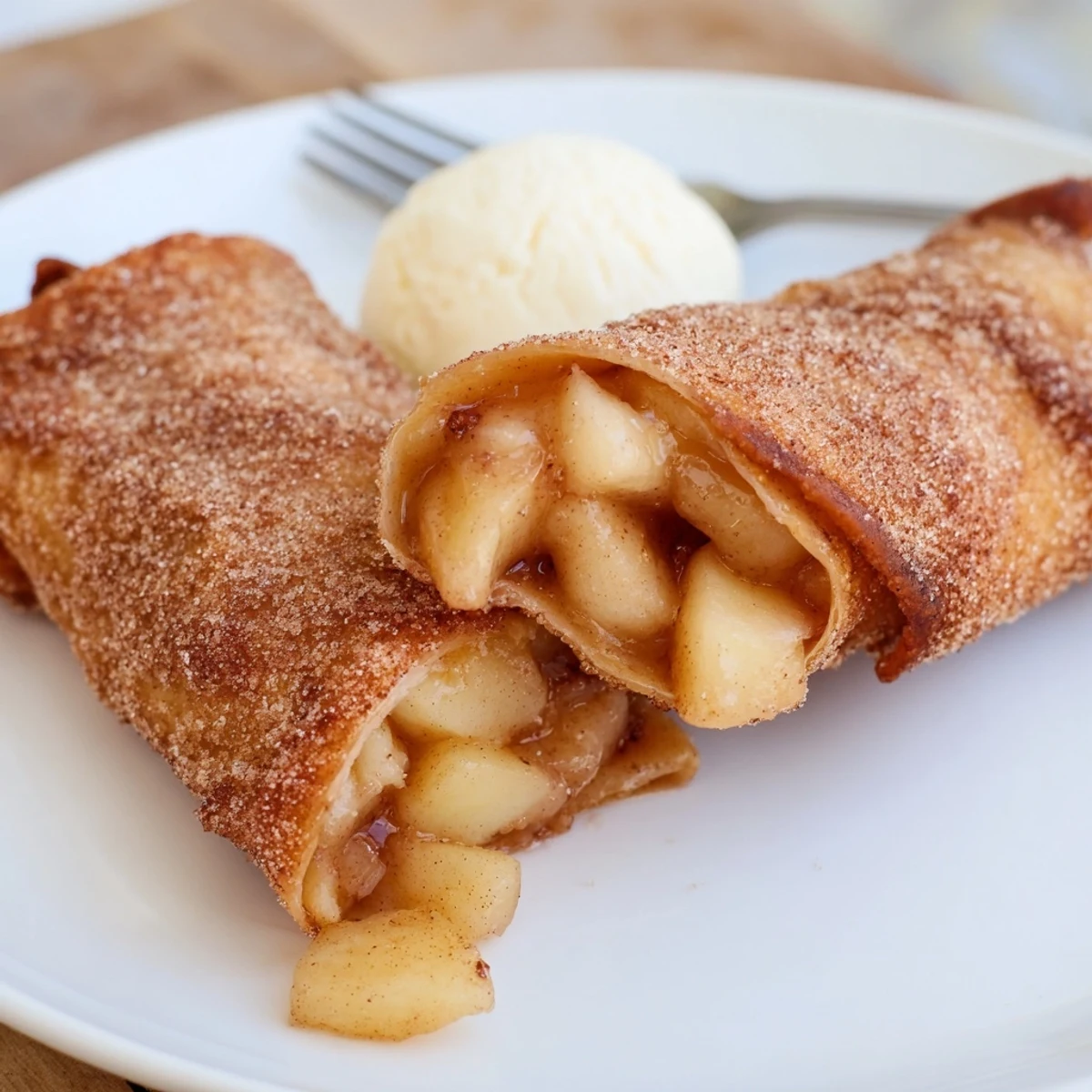 Crispy golden Peach Cobbler Egg Rolls resting on paper towels, steam gently rising