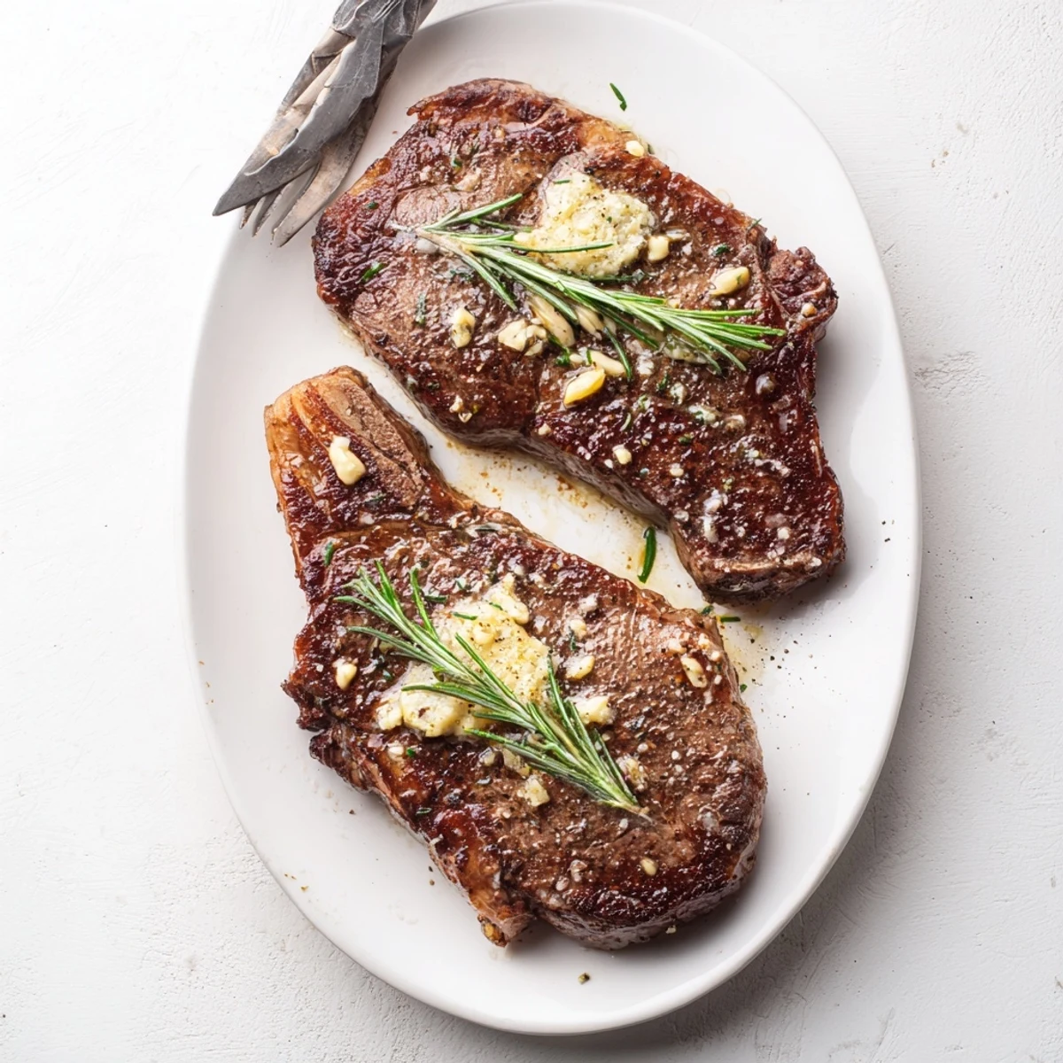 Golden pan-seared garlic butter steak resting on a white plate with melted butter pooling around the edges
