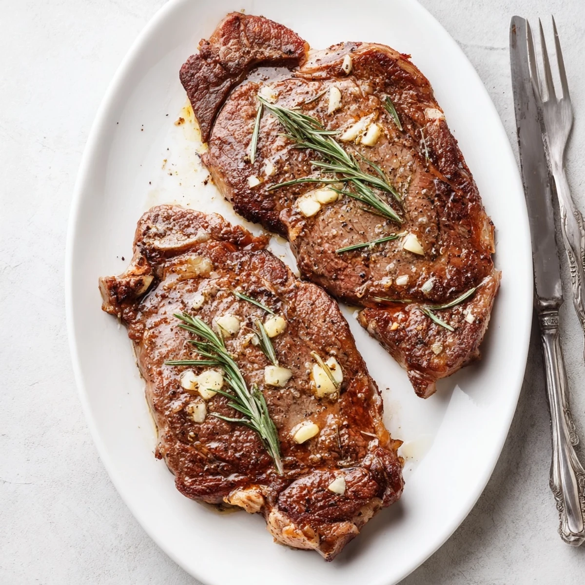 Sliced garlic butter steak revealing pink medium-rare interior topped with golden pan drippings and fresh herbs