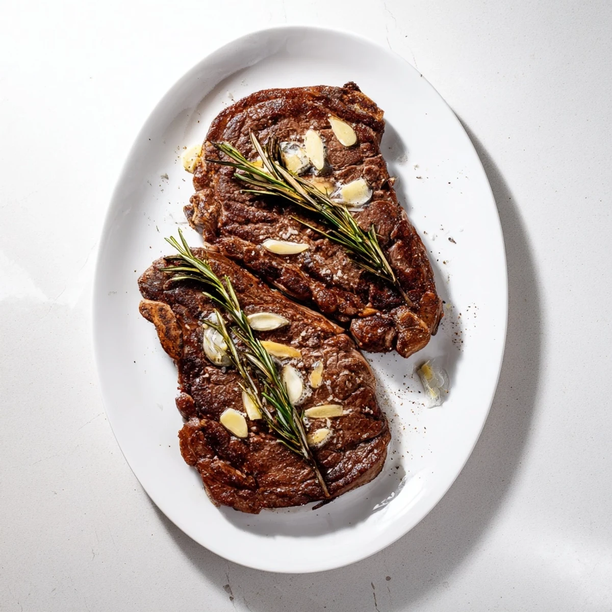 Juicy ribeye steak sizzling in a cast iron skillet with garlic cloves and rosemary sprigs in melted butter