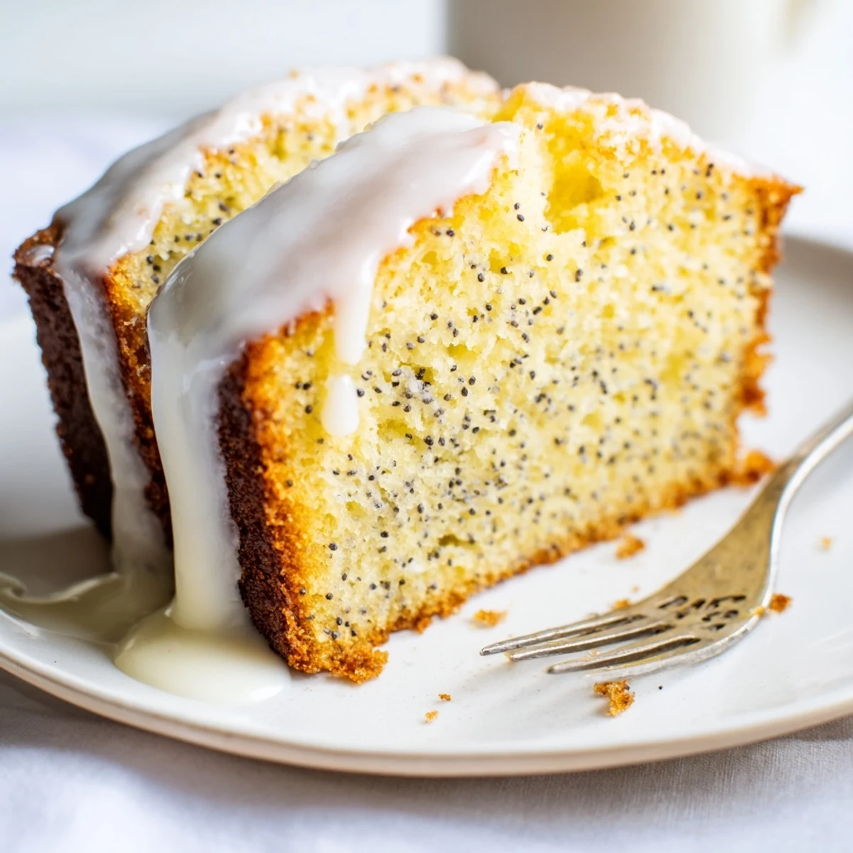 Golden lemon poppy seed loaf cake drizzled with white glaze on a rustic wooden board
