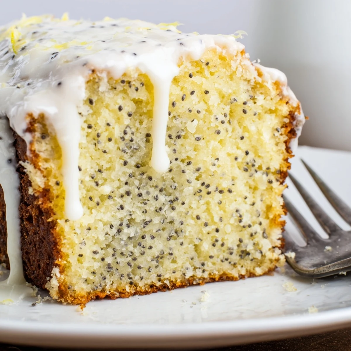 Fresh lemon poppy seed cake with tangy glaze and lemon garnish on marble serving platter