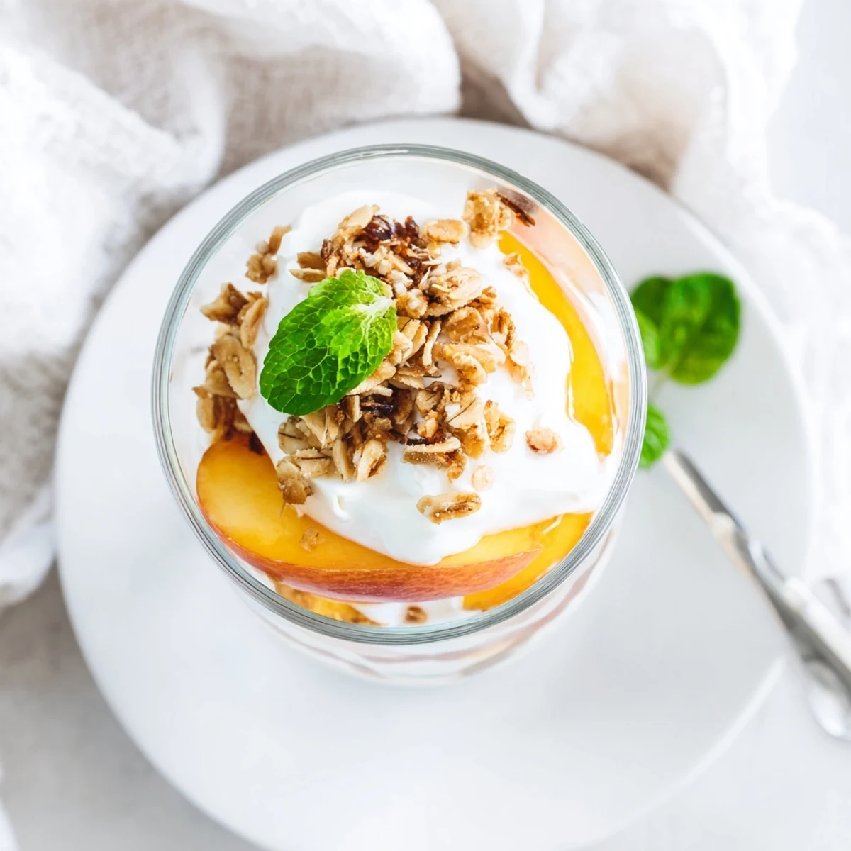 Golden sweet peach yogurt parfait layered with juicy peaches, creamy Greek yogurt, and honey-drizzled granola in a glass