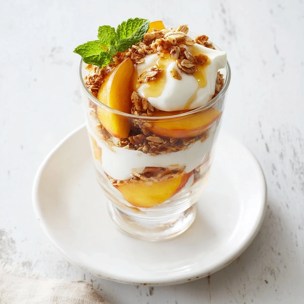 Fresh peach yogurt parfait dessert showcasing alternating layers of sliced peaches, vanilla yogurt, and crunchy toasted granola topping