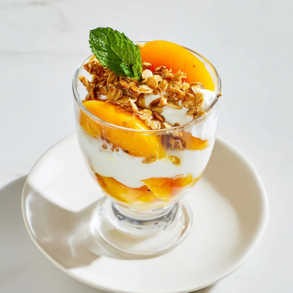 Creamy sweet peach parfait bowl filled with ripe peach slices, smooth yogurt, and scattered granola with mint garnish