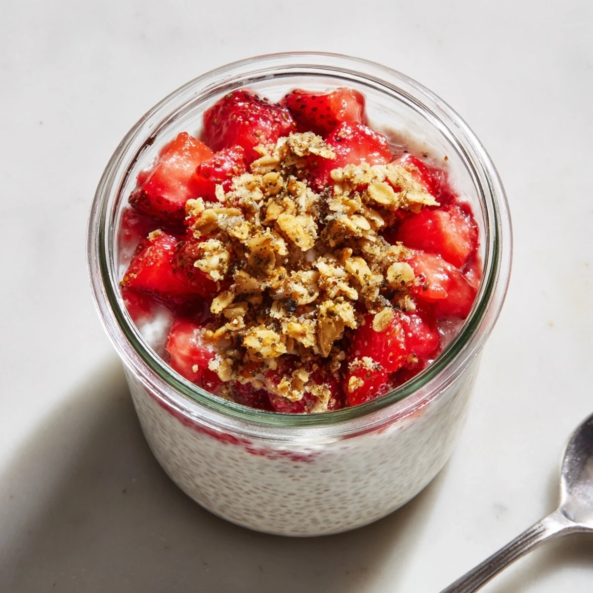 Glass jar of Strawberry Crumble Chia Pudding layered with fresh berries and golden oat topping