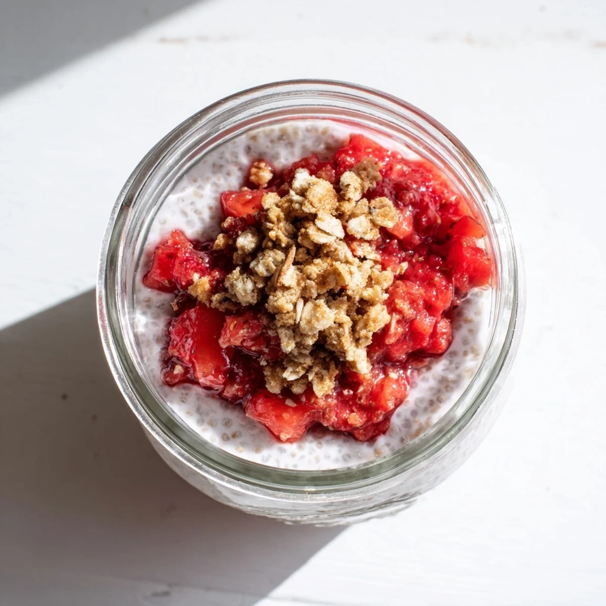 Creamy Strawberry Crumble Chia Pudding parfait showing chia seeds, diced strawberries, and crunchy baked crumble
