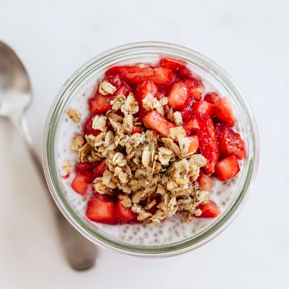 Spoonful of Strawberry Crumble Chia Pudding displaying all three layers in a clear serving glass