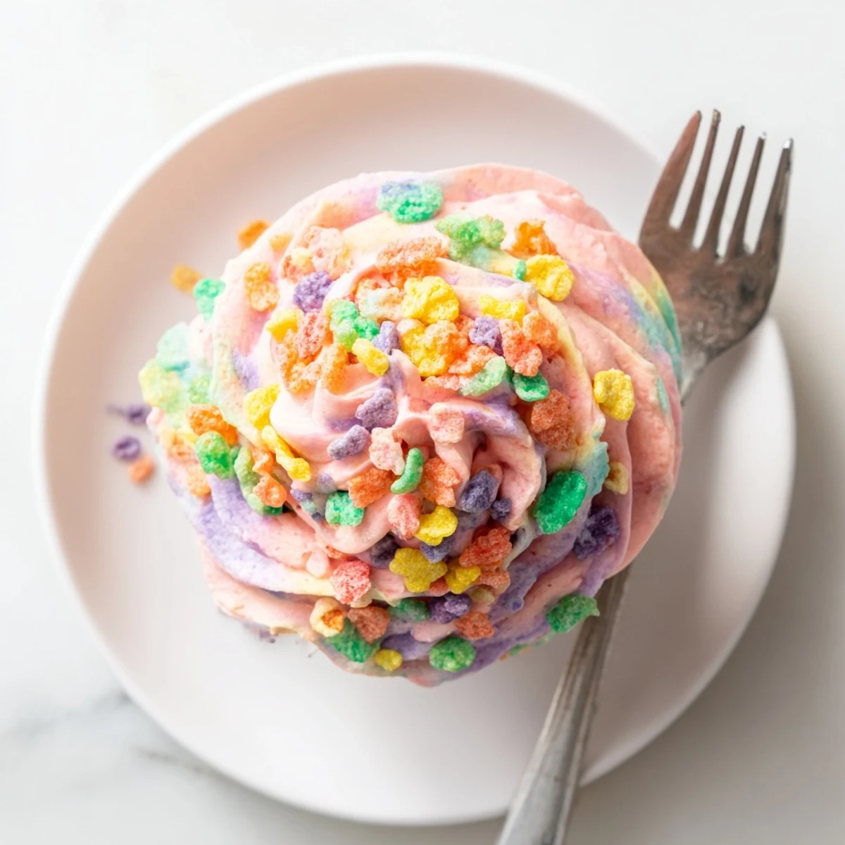 Vibrant pink Fruity Pebbles frosting spread generously on vanilla cake with crunchy cereal garnish